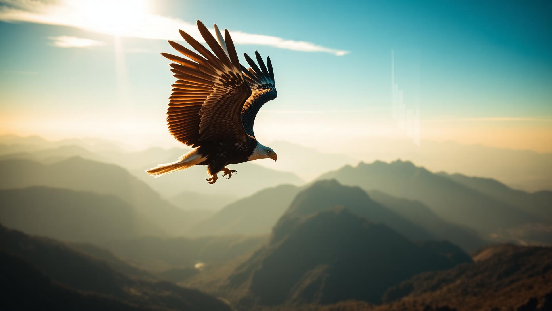 Eagle soaring over mountains at dawn